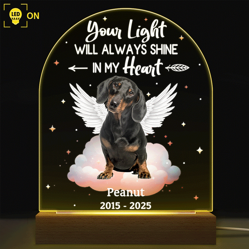 Memorial, Pet Lovers, Dog Lovers, Cat Lovers, Family - Custom Photo Dog Cat Pet Memorial Your Light Will Always Shine In My Hear - Personalized 3D Led Light Wooden Base