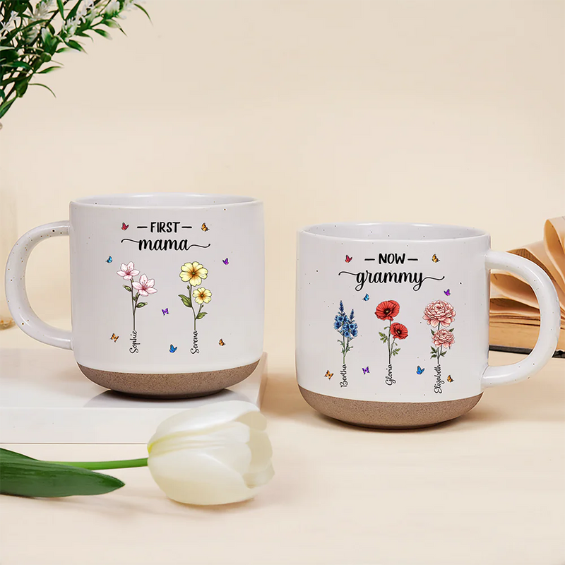 Gift For Mother,Gift For Grandma,Love - First Mom Now Grandma Birth Flowers - Personalized Pottery Mug