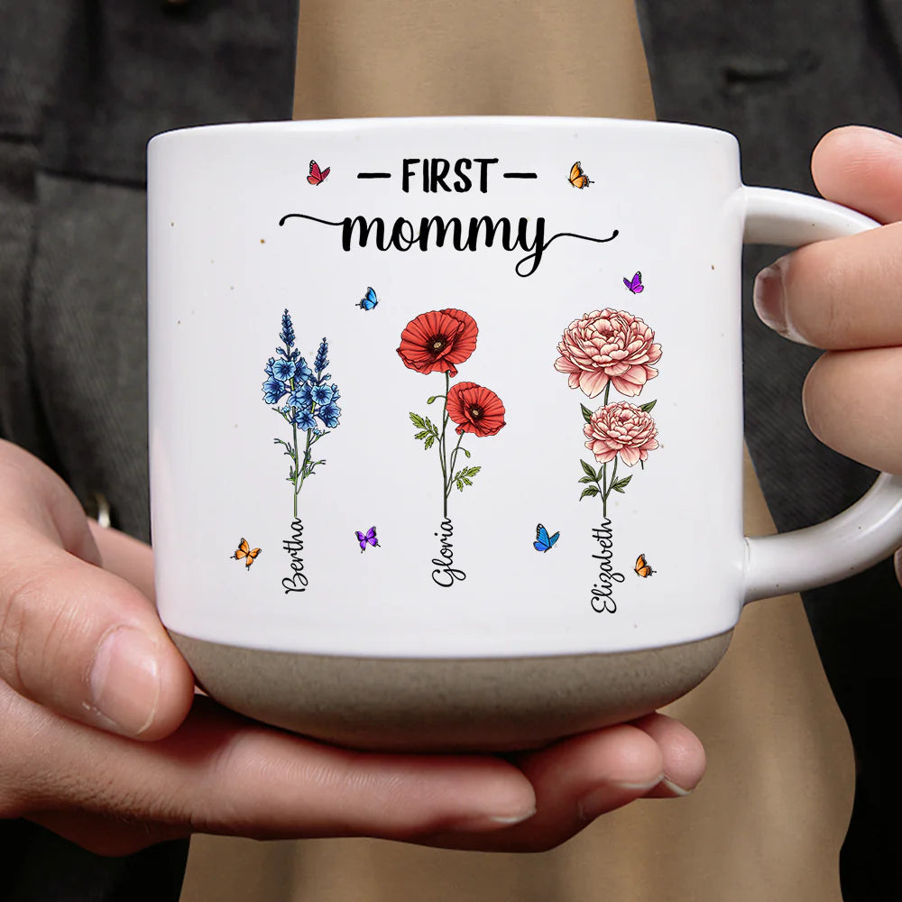 Gift For Mother,Gift For Grandma,Love - First Mom Now Grandma Birth Flowers - Personalized Pottery Mug
