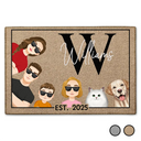 Family,Pet Lovers,Cat Lovers,Dog Lovers,Happy - Monogram Flat Art Family - Personalized Doormat