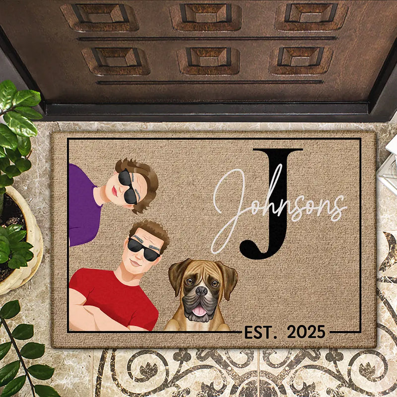 Family,Pet Lovers,Cat Lovers,Dog Lovers,Happy - Monogram Flat Art Family - Personalized Doormat