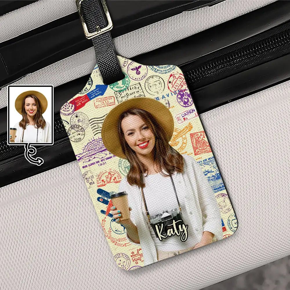 Travel,Custom Photo,Gift For Yourself,Gift For Women,Gift For Men,Happy - Custom Photo Travel Stamp Pattern - Personalized Luggage Tag