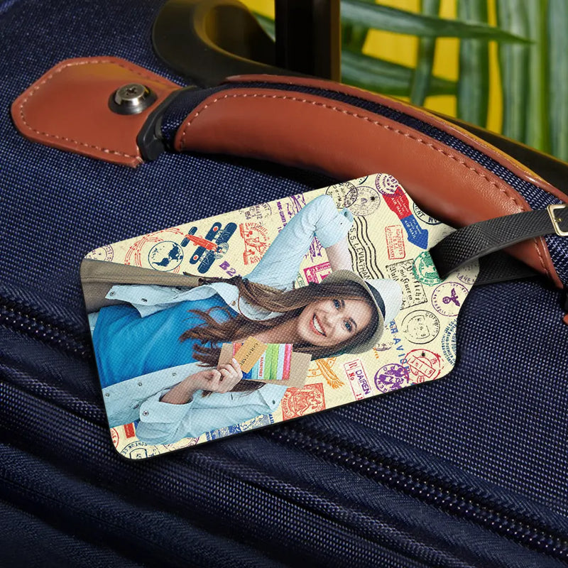 Travel,Custom Photo,Gift For Yourself,Gift For Women,Gift For Men,Happy - Custom Photo Travel Stamp Pattern - Personalized Luggage Tag