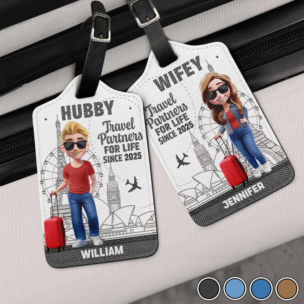 Travel,Gift For Couples,Gift For Husband,Gift For Wife,Gift For Boyfriend,Gift For Girlfriend,Happy - 3D Effect Traveling Couple Hubby & Wifey Travel Partners For Life - Personalized Combo 2 Luggage Tags