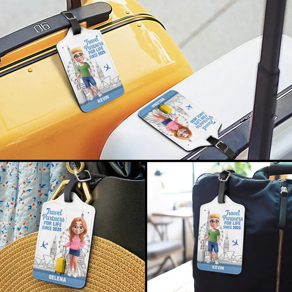 Travel,Gift For Couples,Gift For Husband,Gift For Wife,Gift For Boyfriend,Gift For Girlfriend,Happy - 3D Effect Traveling Couple Hubby & Wifey Travel Partners For Life - Personalized Combo 2 Luggage Tags