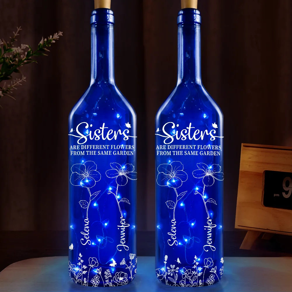 Continue Shopping,Gift For Sisters,Gift For Bestie,Gift For Women - Birth Flower Sisters Besties From The Same Garden - Personalized Blue Bottle Light
