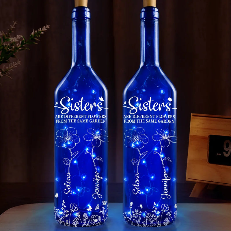 Continue Shopping,Gift For Sisters,Gift For Bestie,Gift For Women - Birth Flower Sisters Besties From The Same Garden - Personalized Blue Bottle Light
