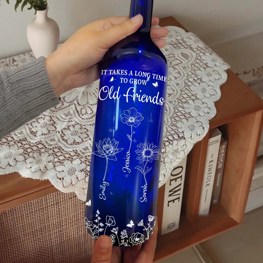 Continue Shopping,Gift For Sisters,Gift For Bestie,Gift For Women - Birth Flower Sisters Besties From The Same Garden - Personalized Blue Bottle Light
