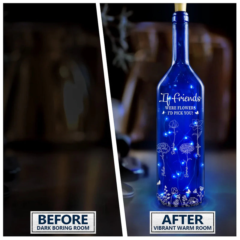 Continue Shopping,Gift For Sisters,Gift For Bestie,Gift For Women - Birth Flower Sisters Besties From The Same Garden - Personalized Blue Bottle Light
