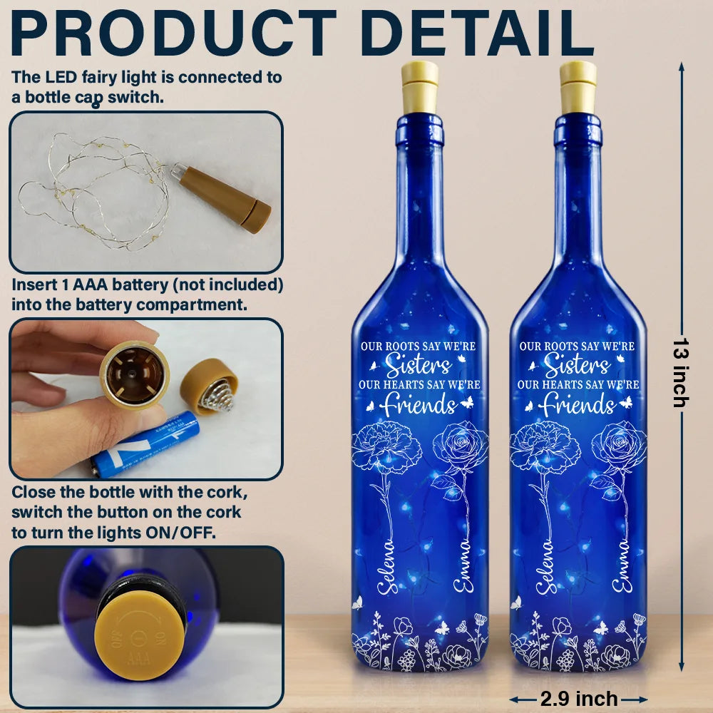 Continue Shopping,Gift For Sisters,Gift For Bestie,Gift For Women - Birth Flower Sisters Besties From The Same Garden - Personalized Blue Bottle Light

