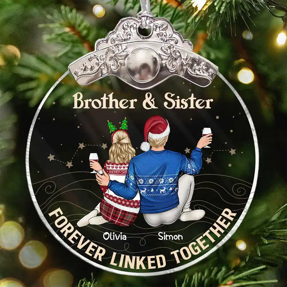 Brothers & Sisters Forever Linked Together - Personalized Glass Ornament With Silver Cap