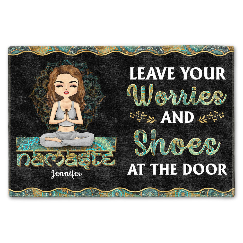 Laissez vos soucis et vos chaussures à la porte - Décoration d'intérieur, anniversaire, cadeau d'amour pour vous-même, femmes, amateurs de yoga - Paillasson personnalisé