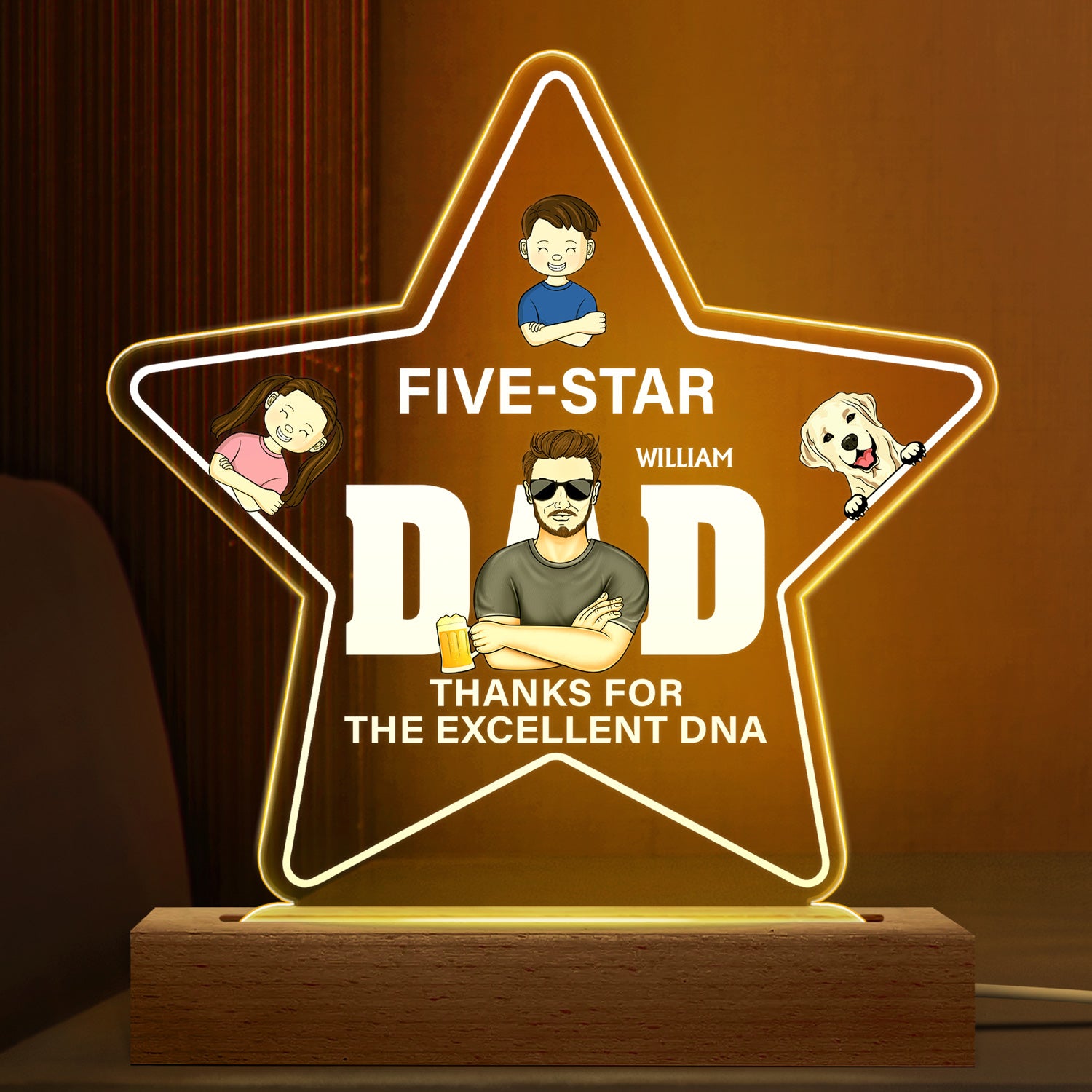 Five-Star Dad Thanks For The Excellent DNA - Birthday, Loving Gift For Father, Grandpa, Dog Dad, Cat Dad - Personalized Custom 3D Led Light Wooden Base
