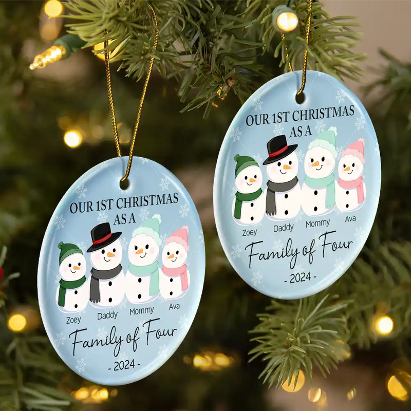 First Christmas As A Family Of Three Snowman - Personalized Circle Ceramic Ornament