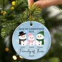 First Christmas As A Family Of Three Snowman - Personalized Circle Ceramic Ornament