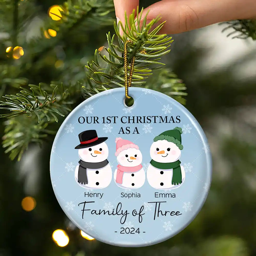 First Christmas As A Family Of Three Snowman - Personalized Circle Ceramic Ornament