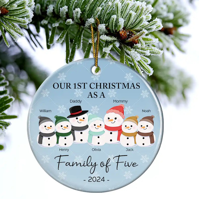 First Christmas As A Family Of Three Snowman - Personalized Circle Ceramic Ornament