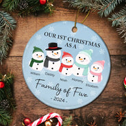 First Christmas As A Family Of Three Snowman - Personalized Circle Ceramic Ornament