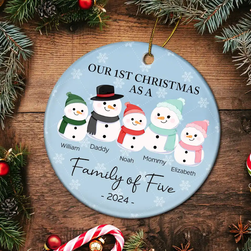 First Christmas As A Family Of Three Snowman - Personalized Circle Ceramic Ornament