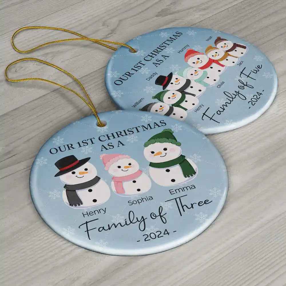First Christmas As A Family Of Three Snowman - Personalized Circle Ceramic Ornament