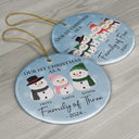 First Christmas As A Family Of Three Snowman - Personalized Circle Ceramic Ornament