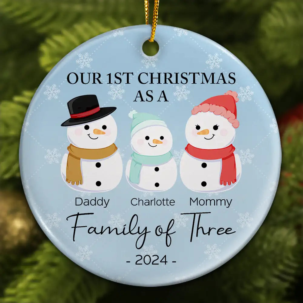 First Christmas As A Family Of Three Snowman - Personalized Circle Ceramic Ornament