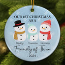 First Christmas As A Family Of Three Snowman - Personalized Circle Ceramic Ornament