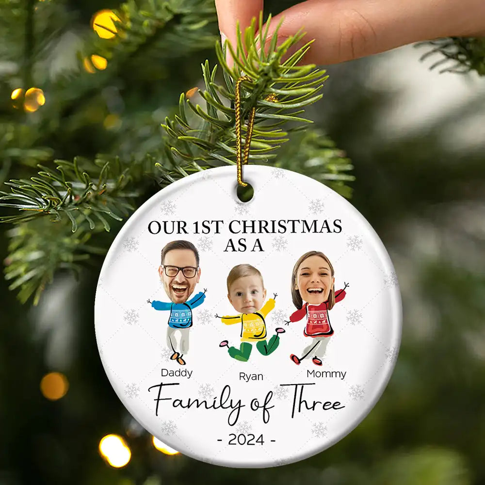 Custom Photo Our First Christmas As A Family Of Three - Personalized Circle Ceramic Ornament