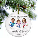 Custom Photo Our First Christmas As A Family Of Three - Personalized Circle Ceramic Ornament