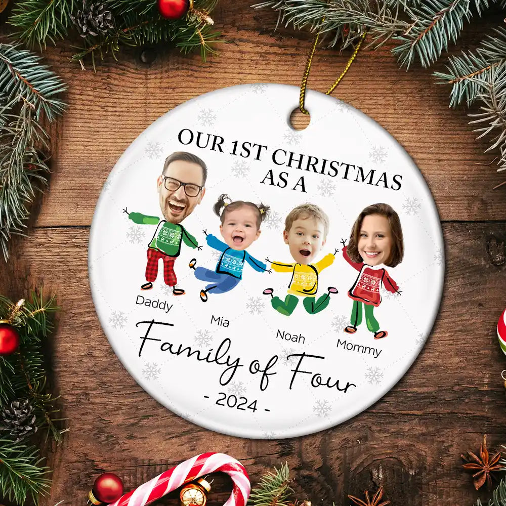 Custom Photo Our First Christmas As A Family Of Three - Personalized Circle Ceramic Ornament