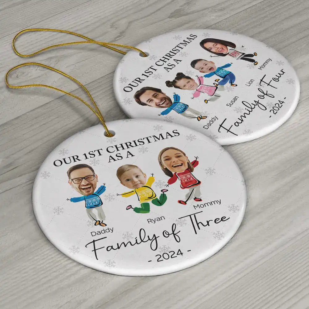 Custom Photo Our First Christmas As A Family Of Three - Personalized Circle Ceramic Ornament