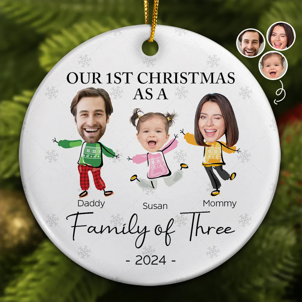 Custom Photo Our First Christmas As A Family Of Three - Personalized Circle Ceramic Ornament
