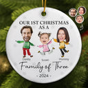 Custom Photo Our First Christmas As A Family Of Three - Personalized Circle Ceramic Ornament