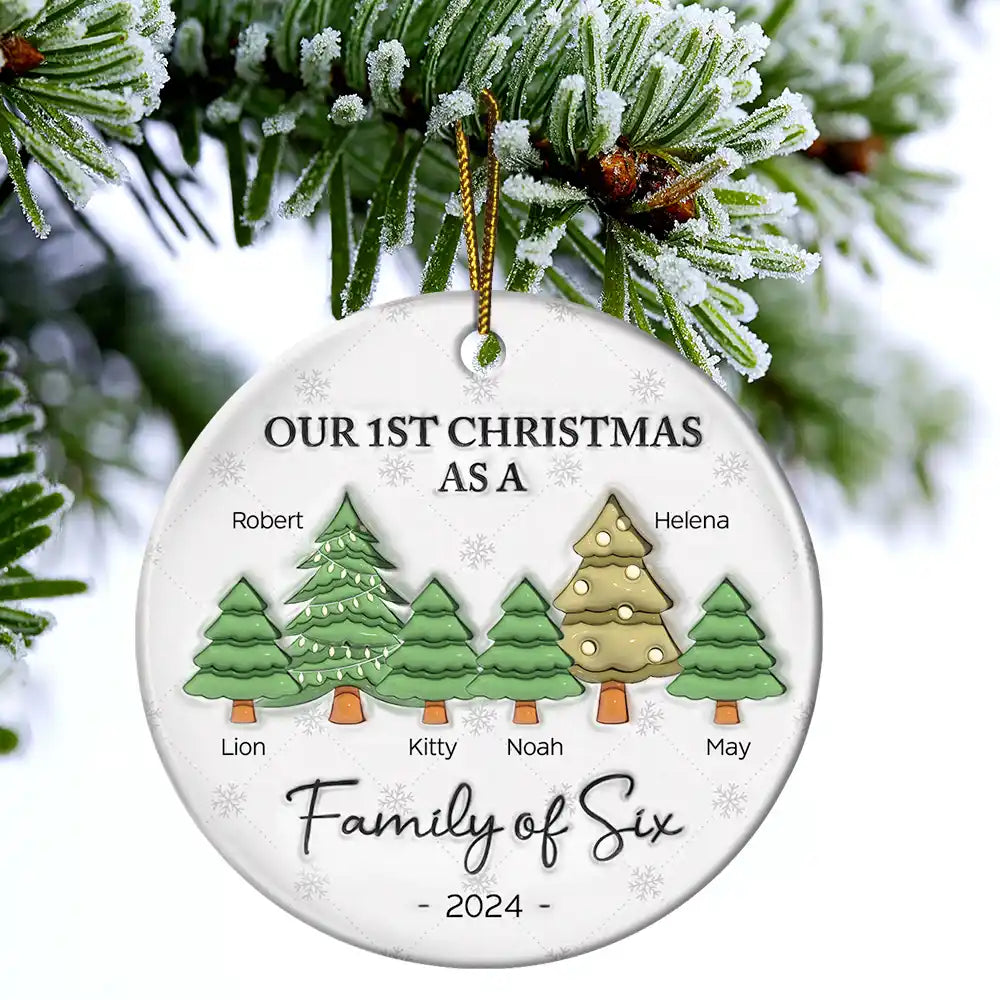 First Christmas As A Family Of Three - 3D Inflated Effect Printed Ornament, Personalized Circle Ceramic Ornament