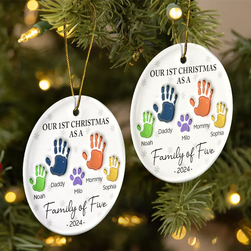 First Christmas As A Family Of Four Handprints - 3D Inflated Effect Printed Ornament, Personalized Circle Ceramic Ornament