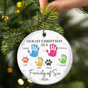 First Christmas As A Family Of Four Handprints - 3D Inflated Effect Printed Ornament, Personalized Circle Ceramic Ornament