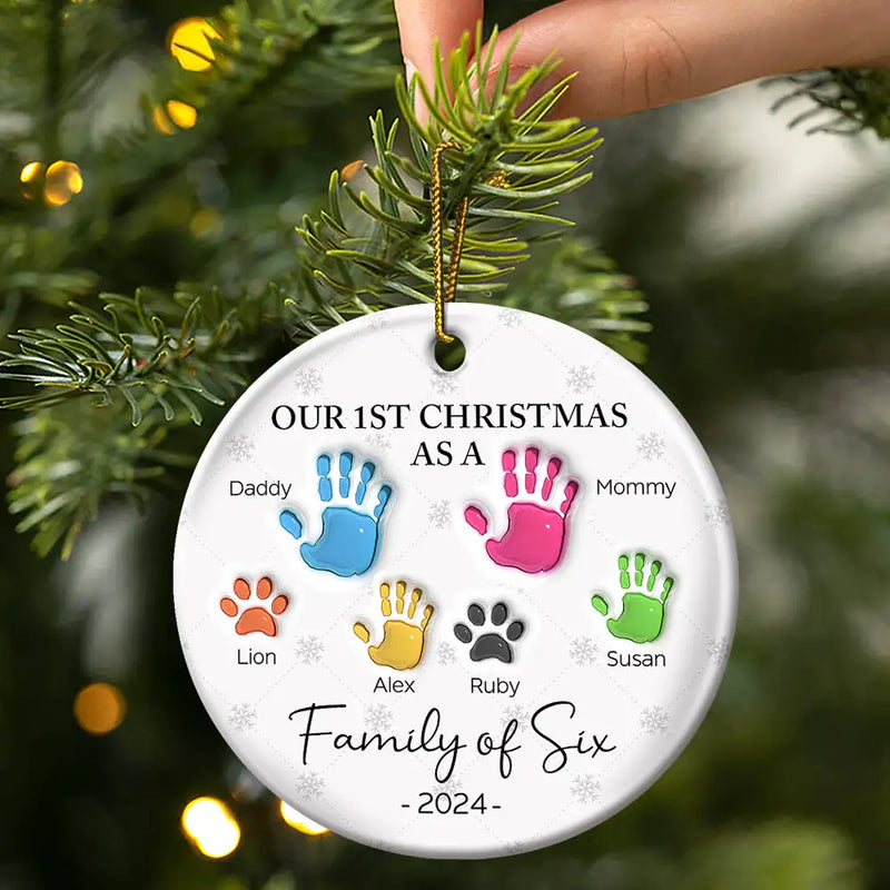 First Christmas As A Family Of Four Handprints - 3D Inflated Effect Printed Ornament, Personalized Circle Ceramic Ornament
