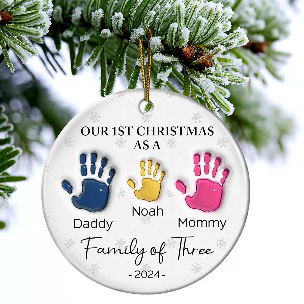 First Christmas As A Family Of Four Handprints - 3D Inflated Effect Printed Ornament, Personalized Circle Ceramic Ornament