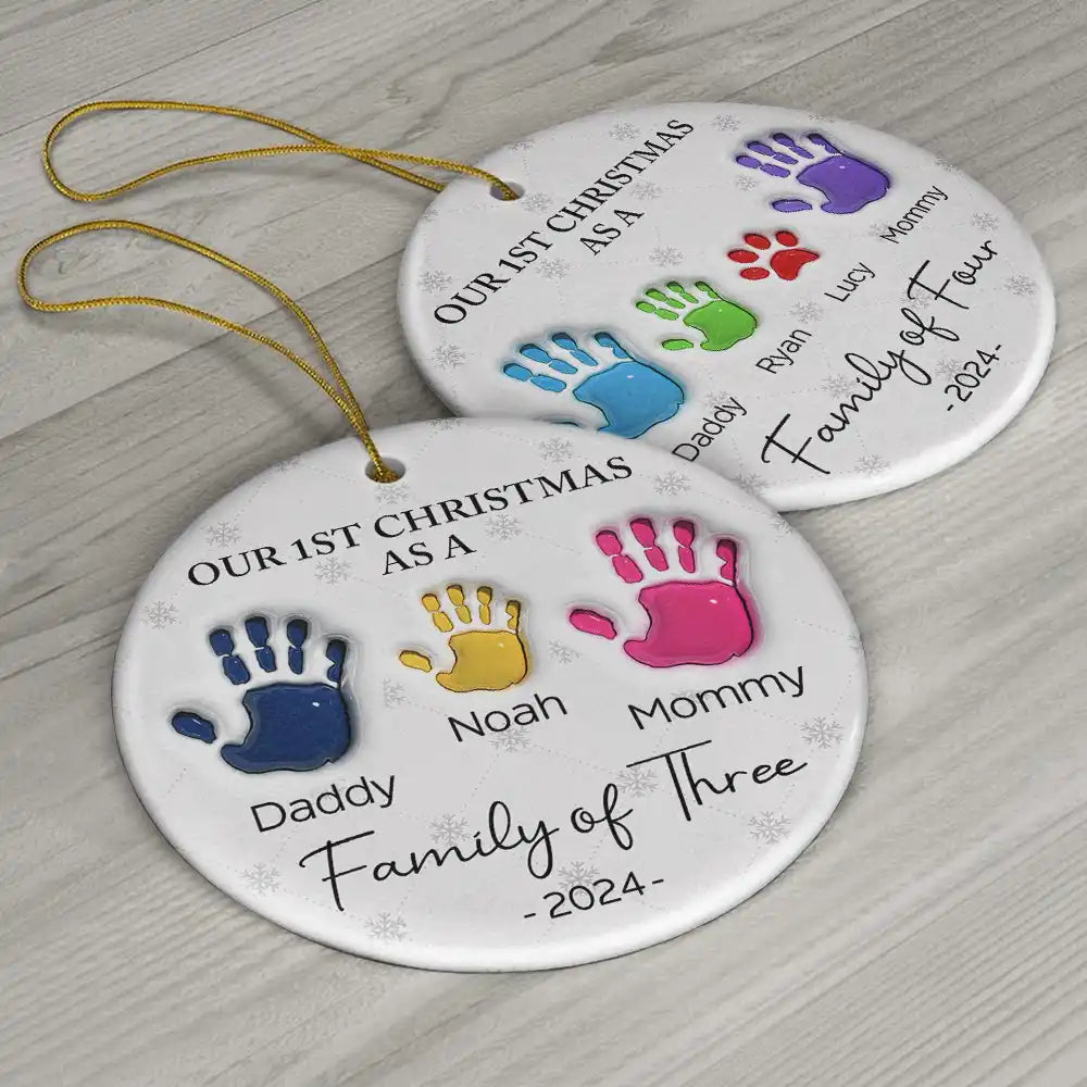 First Christmas As A Family Of Four Handprints - 3D Inflated Effect Printed Ornament, Personalized Circle Ceramic Ornament