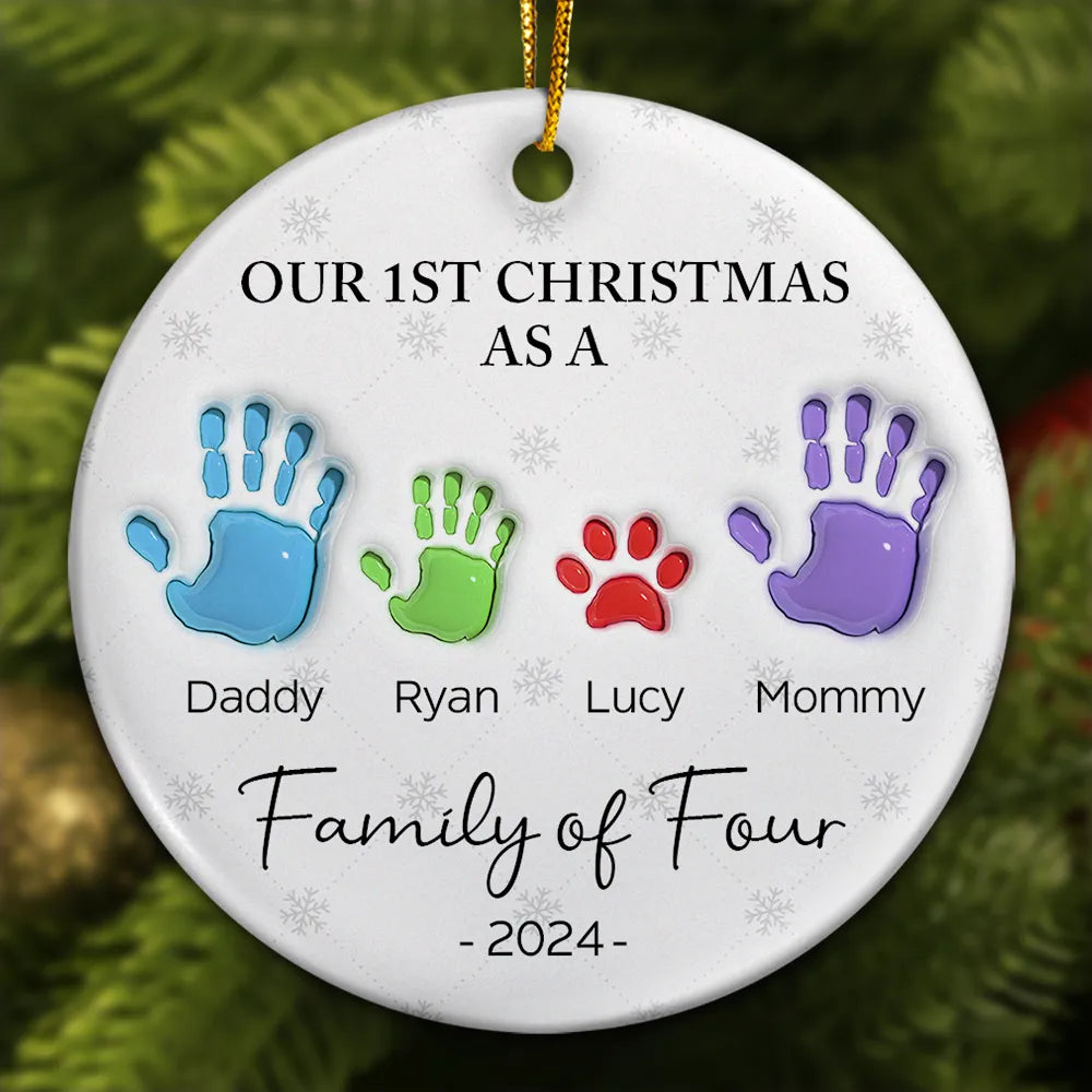 First Christmas As A Family Of Four Handprints - 3D Inflated Effect Printed Ornament, Personalized Circle Ceramic Ornament
