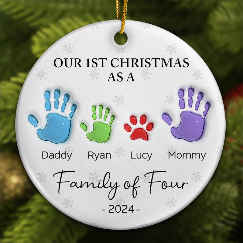 First Christmas As A Family Of Four Handprints - 3D Inflated Effect Printed Ornament, Personalized Circle Ceramic Ornament