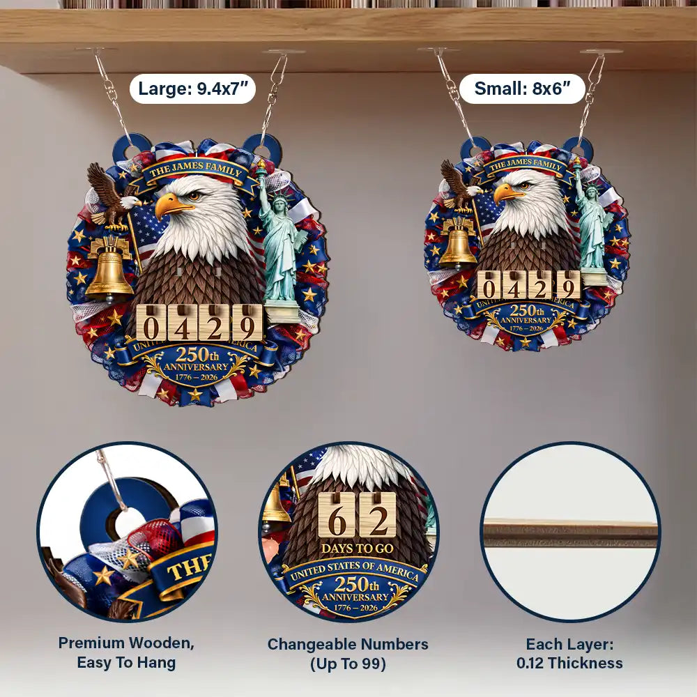 America 250th, Independence Day, Family, Proud, Custom Text - 3D Effect Eagle Wreath America 250th Anniversary - Personalized Hanging Tracker Sign