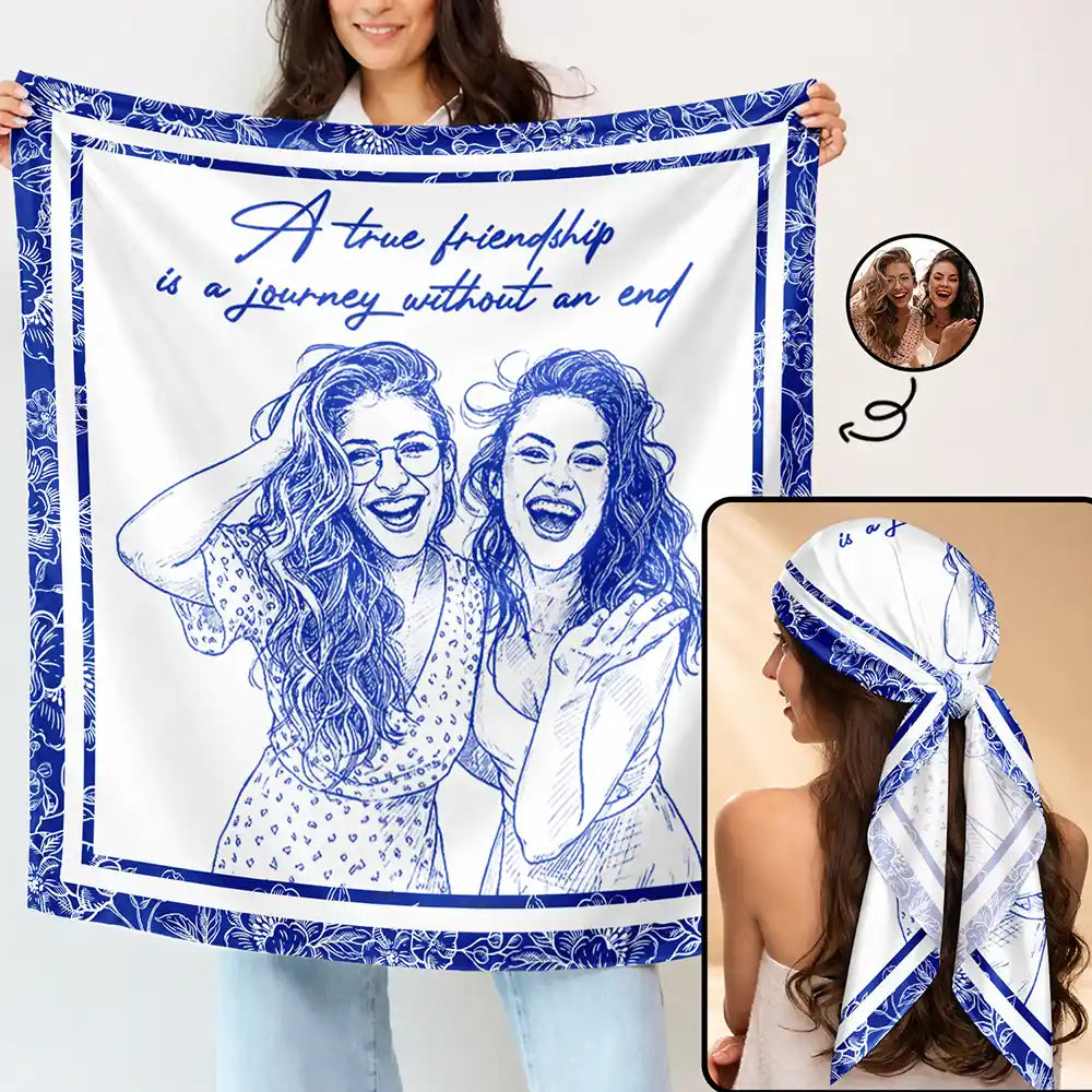 Custom Photo, Art Design, Summer, Gift For Bestie, Sentimental, Photo - Pencil Sketch - Remove BG - Custom Photo Pencil Sketch A True Friendship Is A Journey Without An End - Personalized Scarf