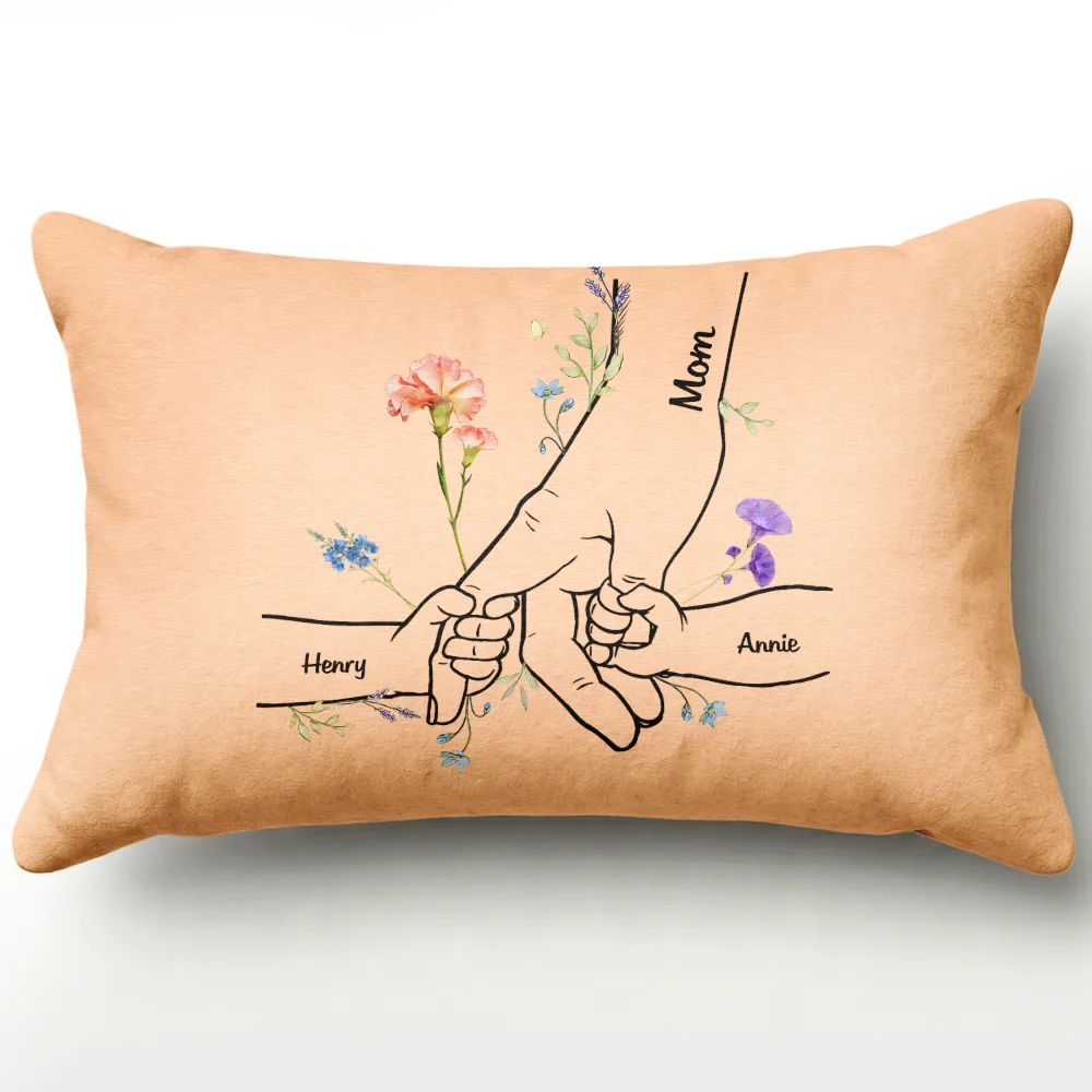 Gift For Grandma, Sentimental, Icon - Hand In Hand Birth Flower Mom Kid Nana Grandkid - Personalized Pillow
