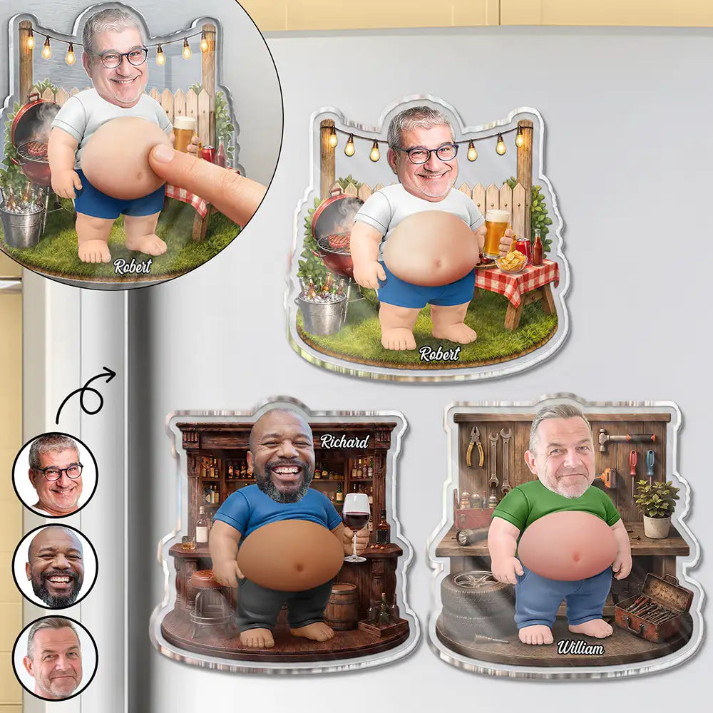 Custom Photo Funny Belly Men Cave Garage Grilling - Personalized Squishy Acrylic Fridge Magnet