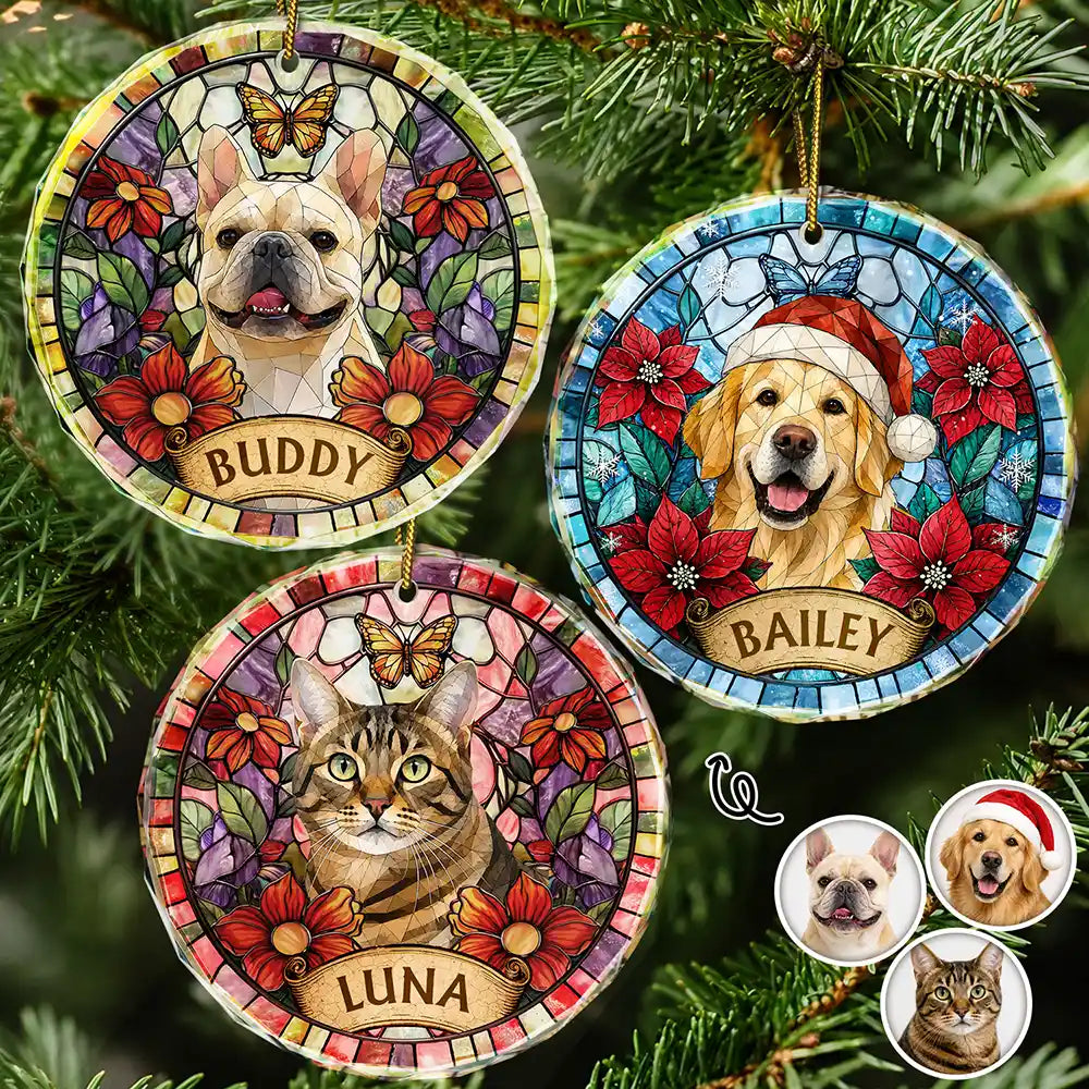 Custom Photo Stained Glass Dog Cat Family Flower - Personalized Circle Glass Ornament
