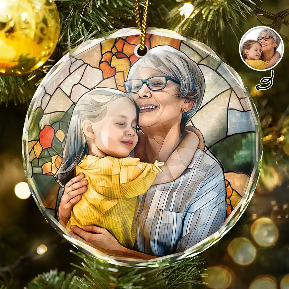Custom Photo Stained Glass Mom Grandma Parents Family Dog Cat - Personalized Circle Glass Ornament