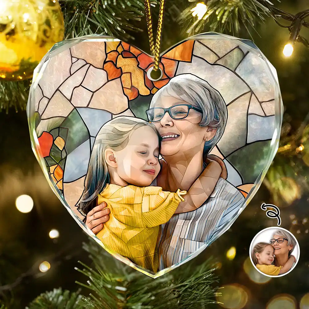 Custom Photo Stained Glass Mom Grandm Parents Family Dog Cat - Personalized Heart Shaped Glass Ornament