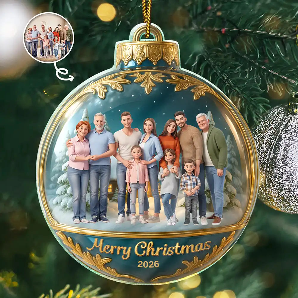 Custom Photo Cartoon Portrait Merry Christmas Happy Family - Personalized Custom Shaped Acrylic Ornament