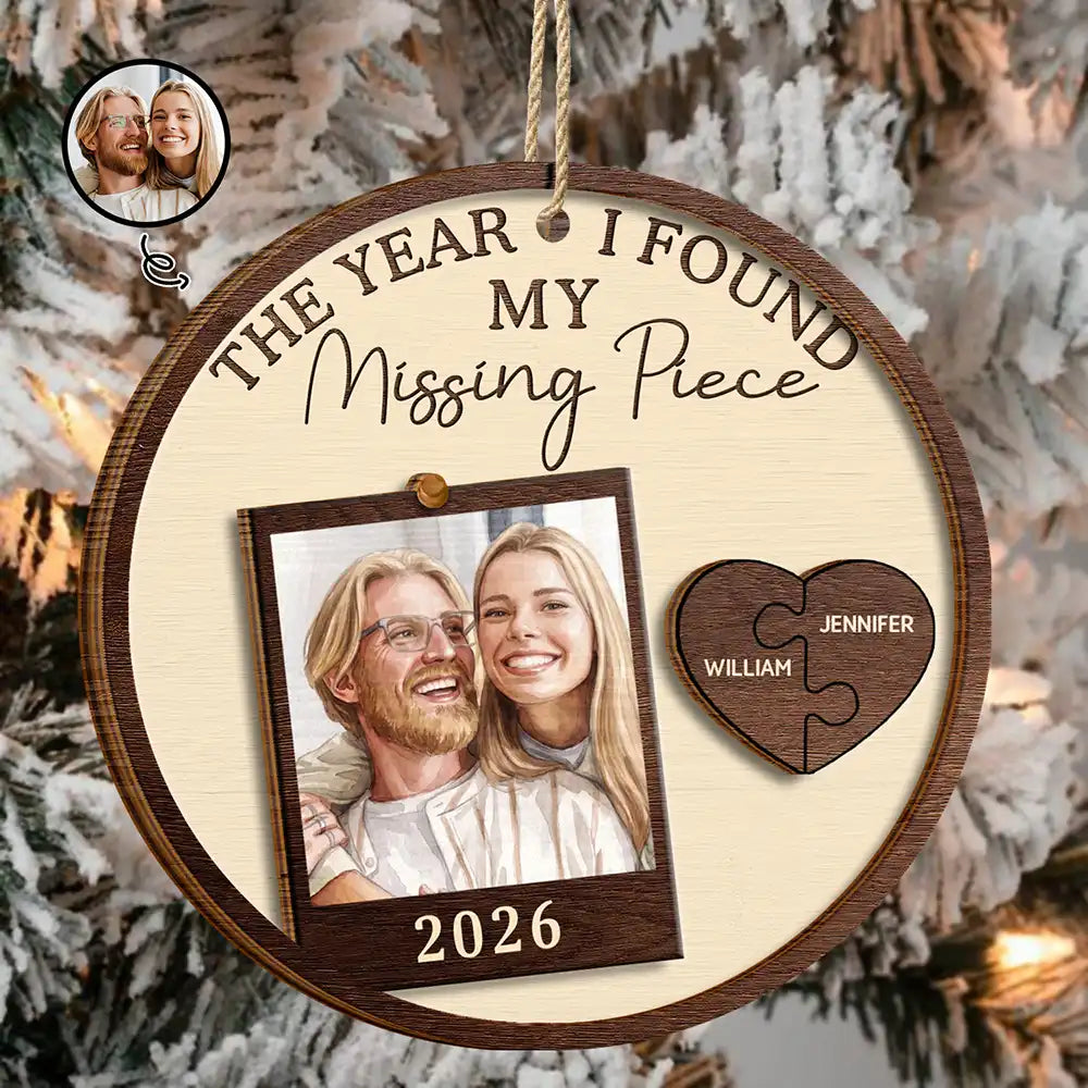 Custom Photo Watercolor Painting The Year I Found My Missing Piece Couples - Personalized 2-Layered Wooden Ornament
